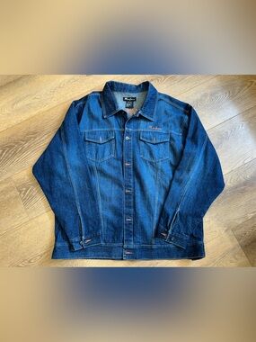 Vintage Mecca Jean Jacket XXL Dark Blue Denim Jacket with Orange Embroidery